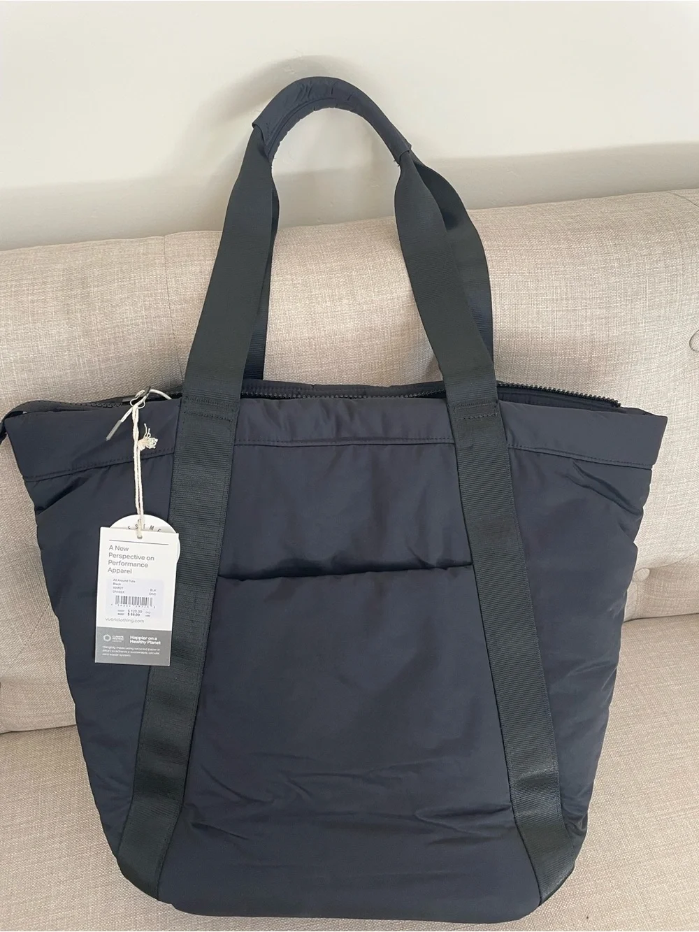 Vuori Black Quilted Tote Laptop Bag with Drawstring Pocket